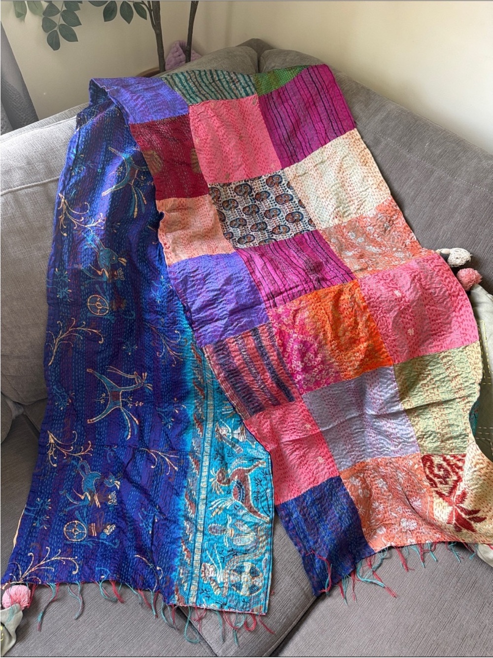 Colorful silk Patchwork Kantha scarf NWOT